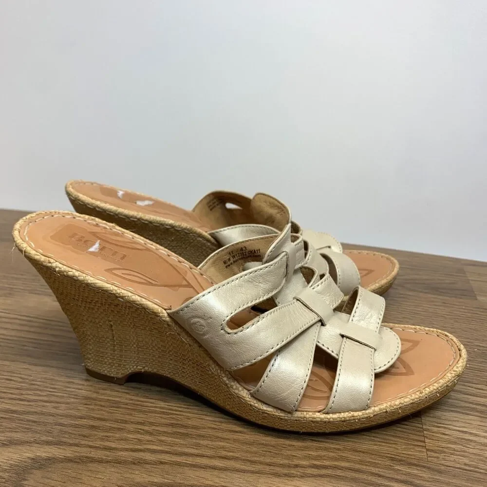 Born TINKA Women's Wedge Sandals Ivory Leather Woven Platforms 11/43